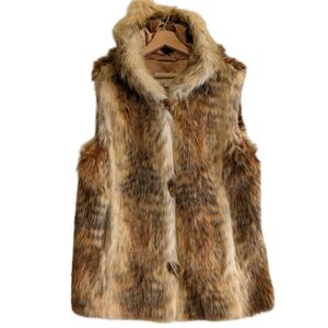 Donna Salyers Fabulous Furs Golden Fox Faux Fur Hooded Long Vest Coat Size Large